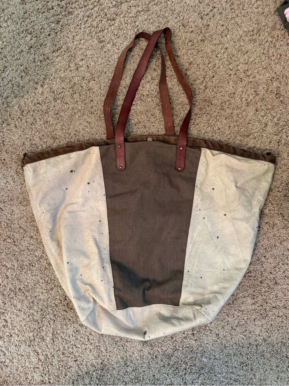 Free People Hideaway Tote Bag Canvas Leather Brown Beige Boho Oversized